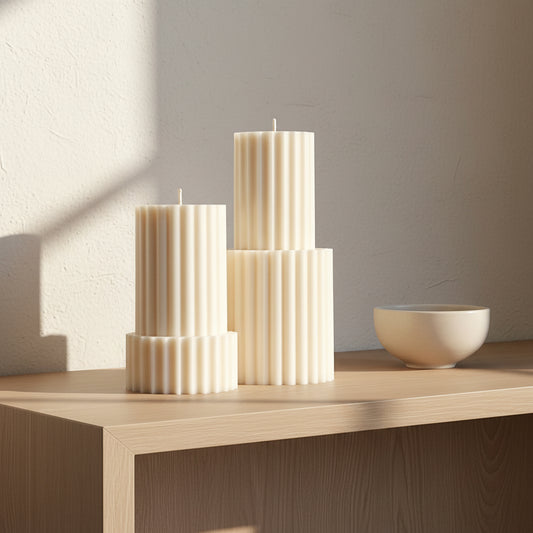 Ribbed Pillar Candle | Soy Wax Candle | Decorative Handmade Candle | Aesthetic Candle| Shaped White Candle| Unscented Candles| Unique Candle-0