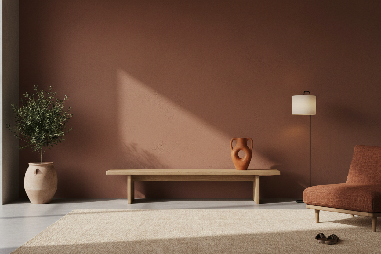 Modern minimalist interior in rich terracotta tones, smooth clay-colored wall, soft natural light, simple wooden console with one sculptural ceramic vase, warm earthy atmosphere, Japandi + Mediterranean aesthetic, luxury home décor editorial photography, clean, uncluttered, soft shadows.”
